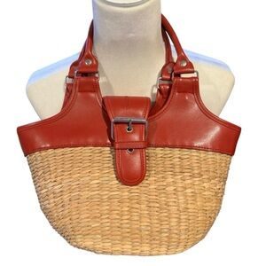Sun and Sand Red/Tan Women’s Faux Red Leather and Woven Small Tote Bag